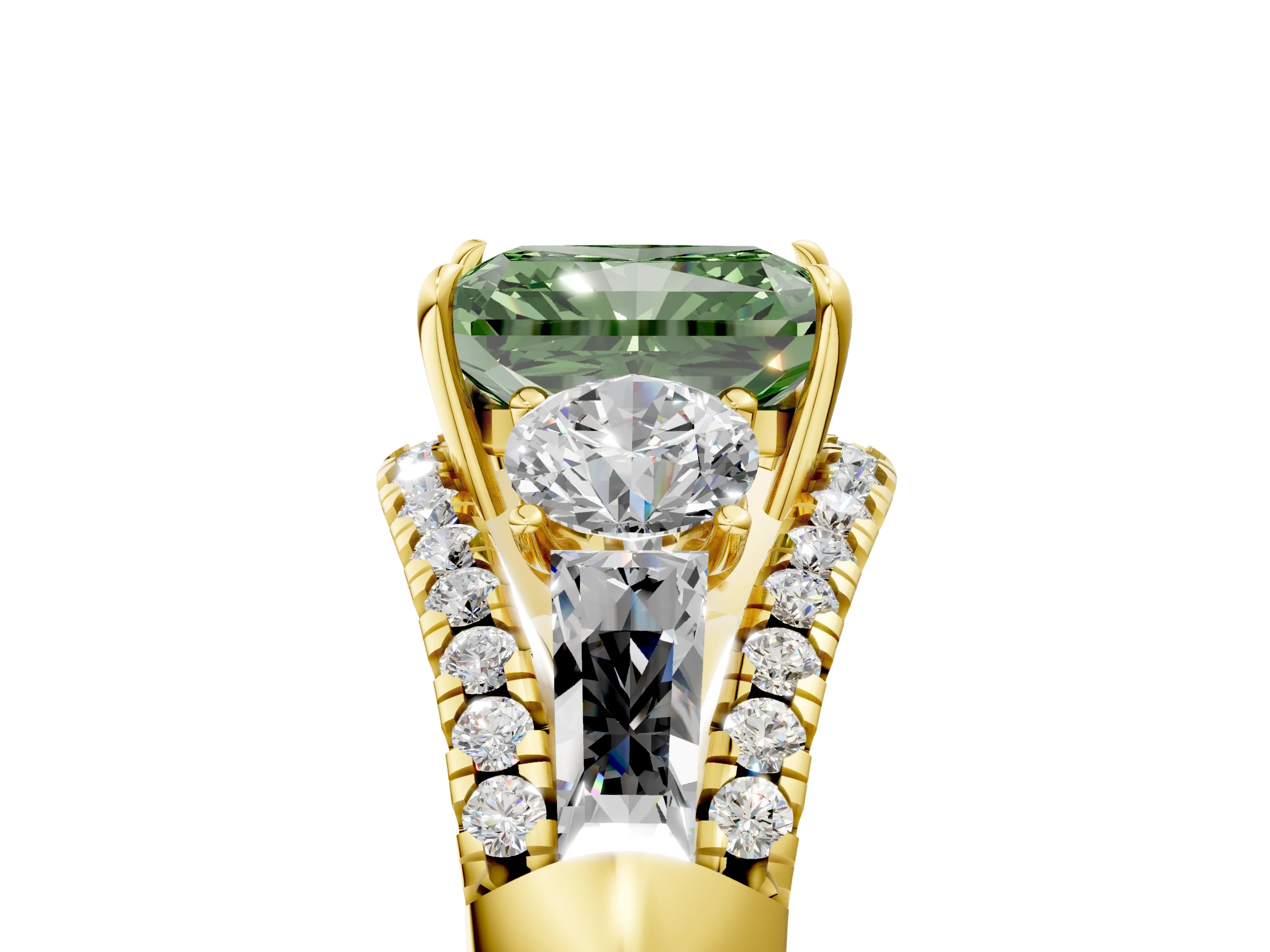 Yellow gold Three-Stone Fancy Green Radiant Cut Diamond Engagement Ring with Pave Band and Prong Setting_5