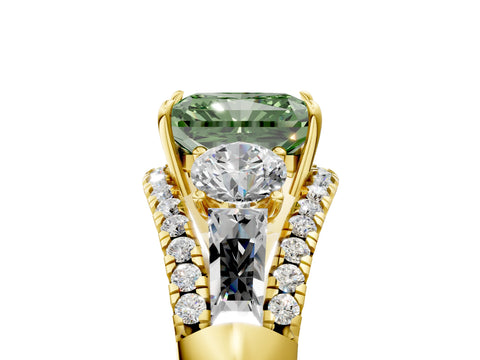 Yellow gold Three-Stone Fancy Green Radiant Cut Diamond Engagement Ring with Pave Band and Prong Setting_5
