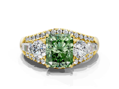 Yellow gold Three-Stone Fancy Green Radiant Cut Diamond Engagement Ring with Pave Band and Prong Setting