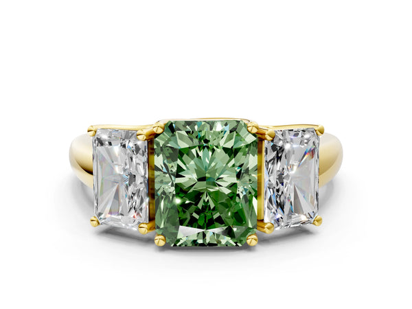 Yellow gold Three-Stone Fancy Green Radiant Cut Diamond Engagement Ring with Prong Setting