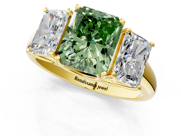 Yellow gold Three-Stone Fancy Green Radiant Cut Diamond Engagement Ring with Prong Setting