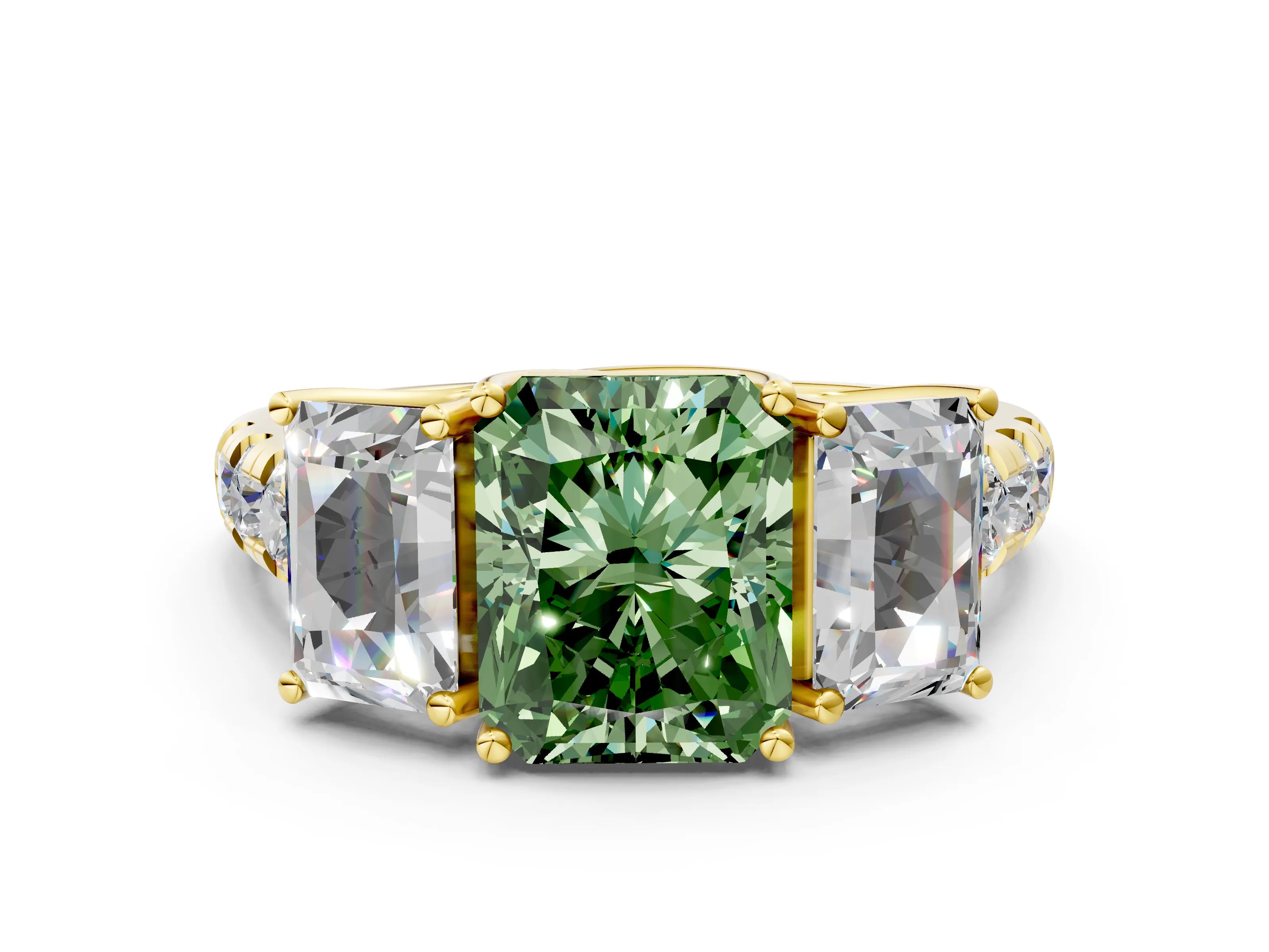 Yellow gold Three-Stone Fancy Green Radiant Cut Diamond Pavé Band with Prong Setting