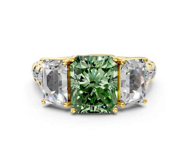 Yellow gold Three-Stone Fancy Green Radiant Cut Diamond Pavé Band with Prong Setting