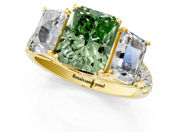 Yellow gold Three-Stone Fancy Green Radiant Cut Diamond Pavé Band with Prong Setting