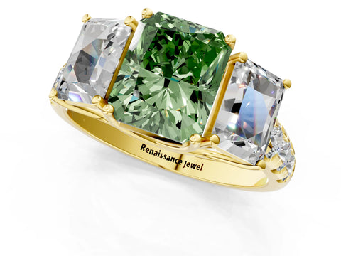 Yellow gold Three-Stone Fancy Green Radiant Cut Diamond Pavé Band with Prong Setting_1