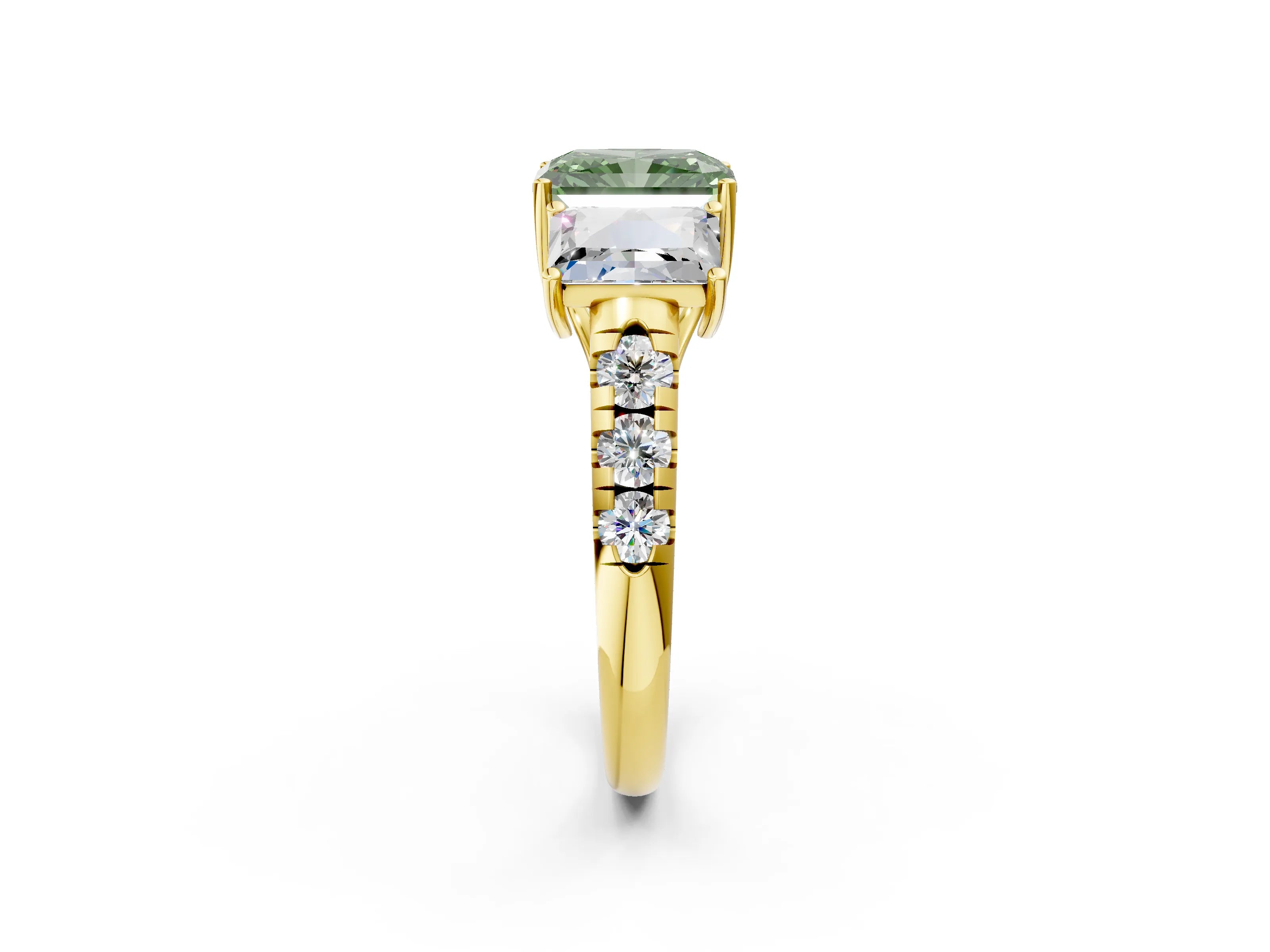 Yellow gold Three-Stone Fancy Green Radiant Cut Diamond Pavé Band with Prong Setting_2