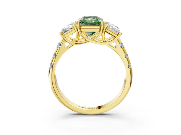 Yellow gold Three-Stone Fancy Green Radiant Cut Diamond Pavé Band with Prong Setting