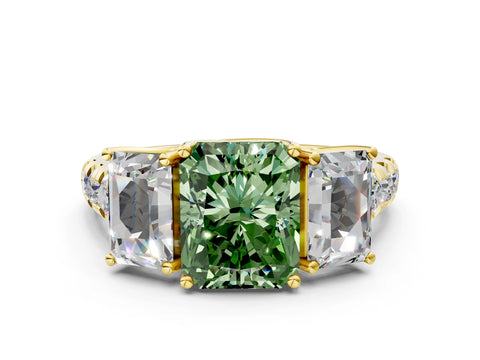Yellow gold Three-Stone Fancy Green Radiant Cut Diamond Pavé Band with Prong Setting