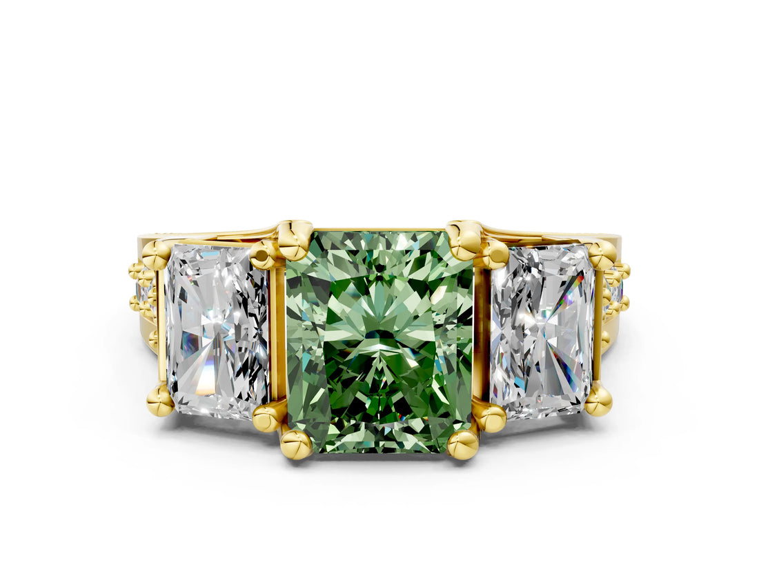 Yellow gold Three-Stone Fancy Green Radiant  Cut Diamond Ring with Channel-Set Band and Four-Prong Setting_66