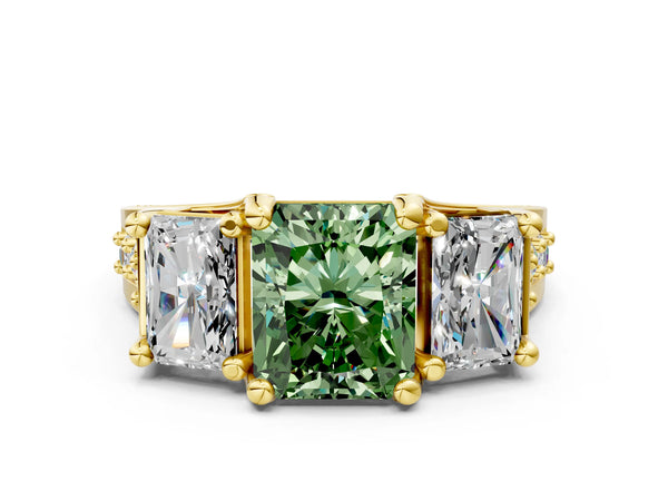 Yellow gold Fancy Green Radiant Cut Diamond Three-Stone Ring with Channel Set Band and Four-Prong Setting