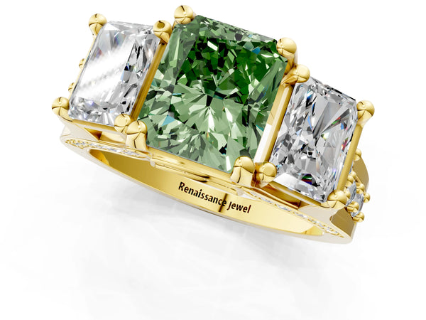 Yellow gold Fancy Green Radiant Cut Diamond Three-Stone Ring with Channel Set Band and Four-Prong Setting