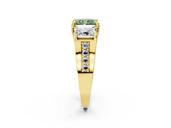 Yellow gold Fancy Green Radiant Cut Diamond Three-Stone Ring with Channel Set Band and Four-Prong Setting