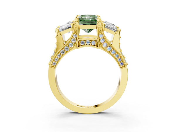 Yellow gold Fancy Green Radiant Cut Diamond Three-Stone Ring with Channel Set Band and Four-Prong Setting