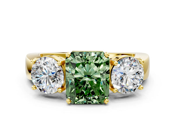 Yellow gold Three-Stone Fancy Green Radiant Cut Diamond Ring with Round Side Stones, Classic Band, and Four-Prong Setting