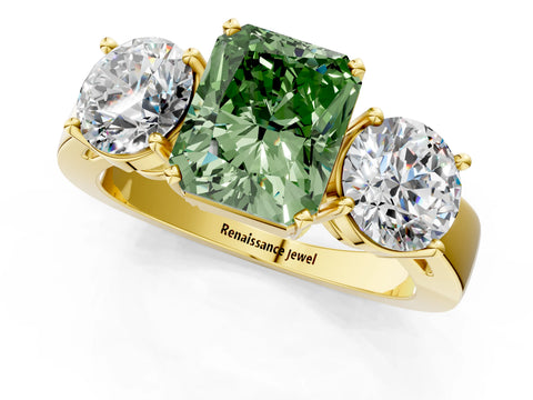 Yellow gold Three-Stone Fancy Green Radiant Cut Diamond Ring with Round Side Stones, Classic Band, and Four-Prong Setting_1