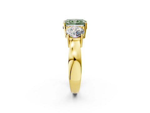 Yellow gold Three-Stone Fancy Green Radiant Cut Diamond Ring with Round Side Stones, Classic Band, and Four-Prong Setting_2