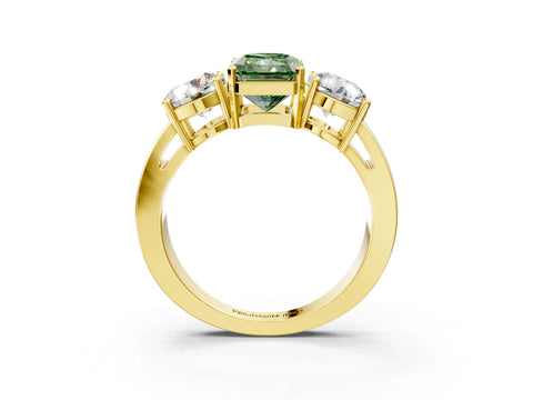 Yellow gold Three-Stone Fancy Green Radiant Cut Diamond Ring with Round Side Stones, Classic Band, and Four-Prong Setting_3