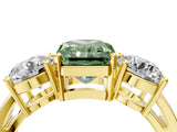 Yellow gold Three-Stone Fancy Green Radiant Cut Diamond Ring with Round Side Stones, Classic Band, and Four-Prong Setting_4
