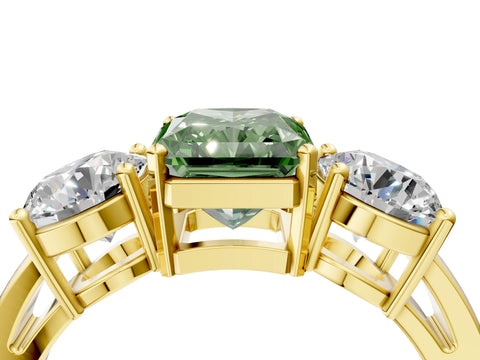 Yellow gold Three-Stone Fancy Green Radiant Cut Diamond Ring with Round Side Stones, Classic Band, and Four-Prong Setting_4