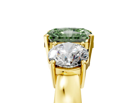Yellow gold Three-Stone Fancy Green Radiant Cut Diamond Ring with Round Side Stones, Classic Band, and Four-Prong Setting_5