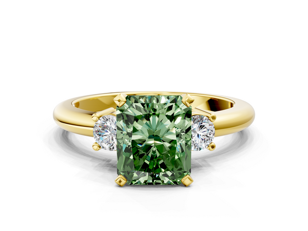 Yellow gold Three-Stone Fancy Green Radiant  Cut Diamond Solitaire with Prong Setting and Classic Band