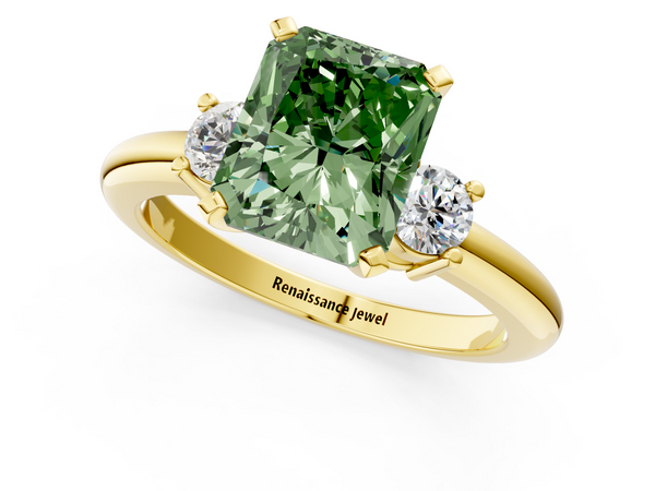 Yellow gold Three-Stone Fancy Green Radiant  Cut Diamond Solitaire with Prong Setting and Classic Band