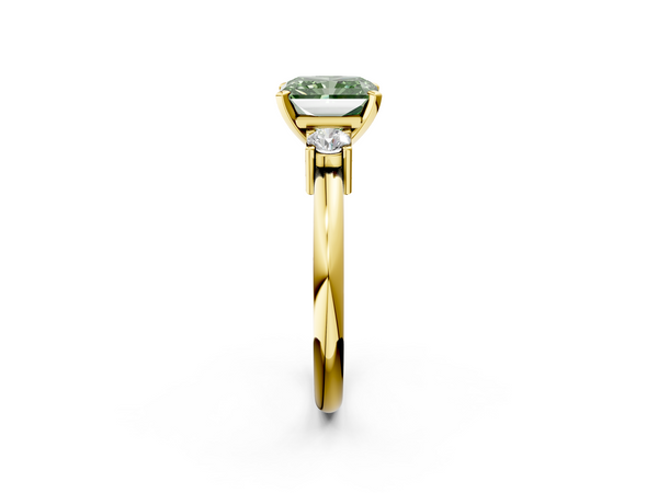 Yellow gold Three-Stone Fancy Green Radiant  Cut Diamond Solitaire with Prong Setting and Classic Band
