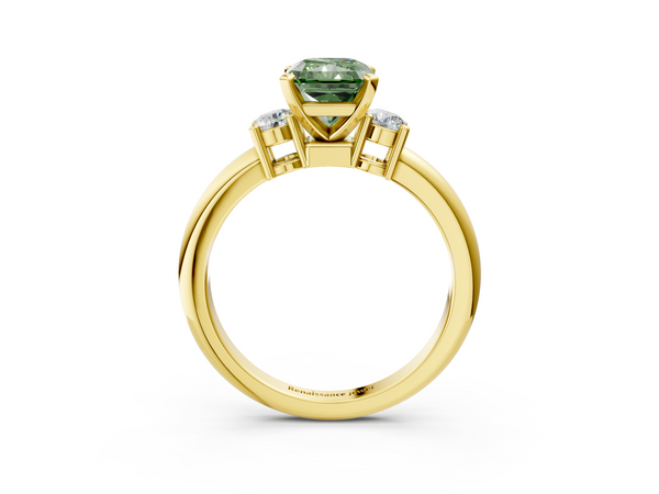 Yellow gold Three-Stone Fancy Green Radiant  Cut Diamond Solitaire with Prong Setting and Classic Band