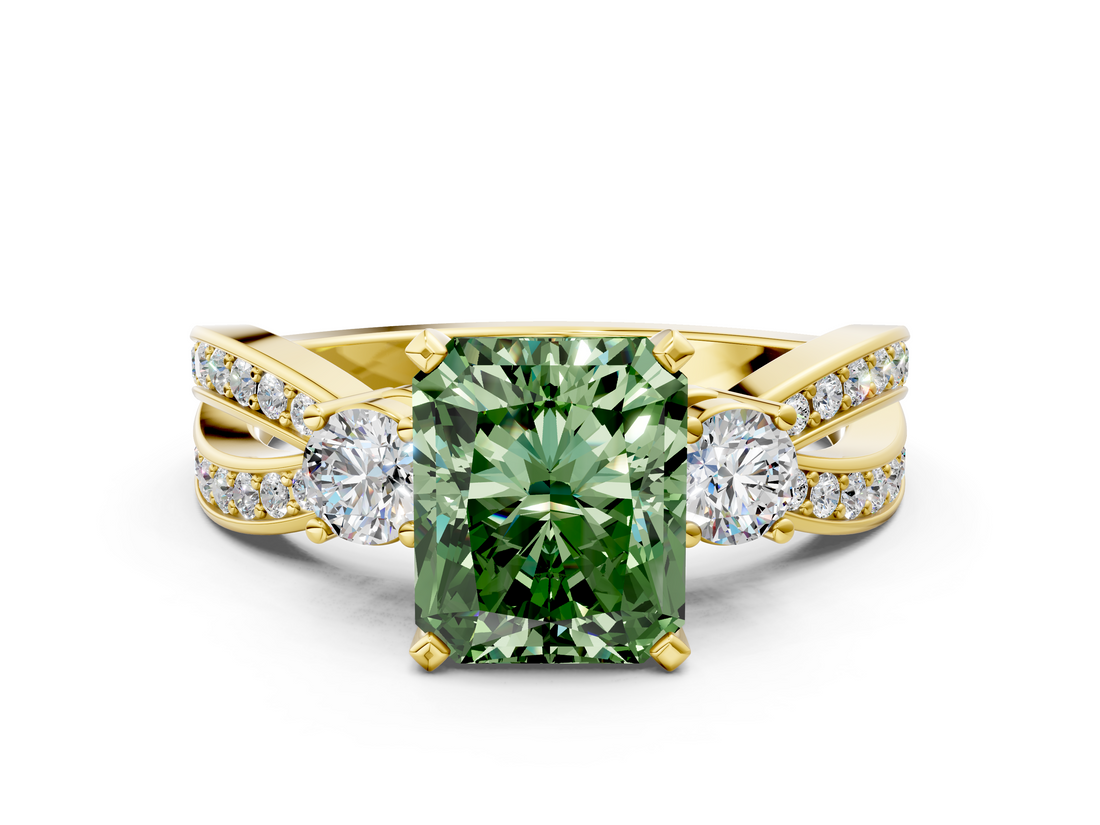 Yellow gold Three-Stone Fancy Green Radiant  Cut Diamond Twist Band with Prong Setting_51