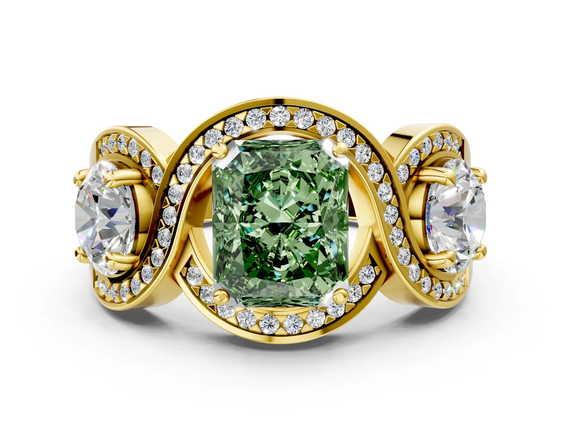 Yellow gold Three-Stone Fancy Green Radiant Cut Diamond Wave Pave Band with Prong Setting