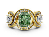 Yellow gold Three-Stone Fancy Green Radiant Cut Diamond Wave Pave Band with Prong Setting