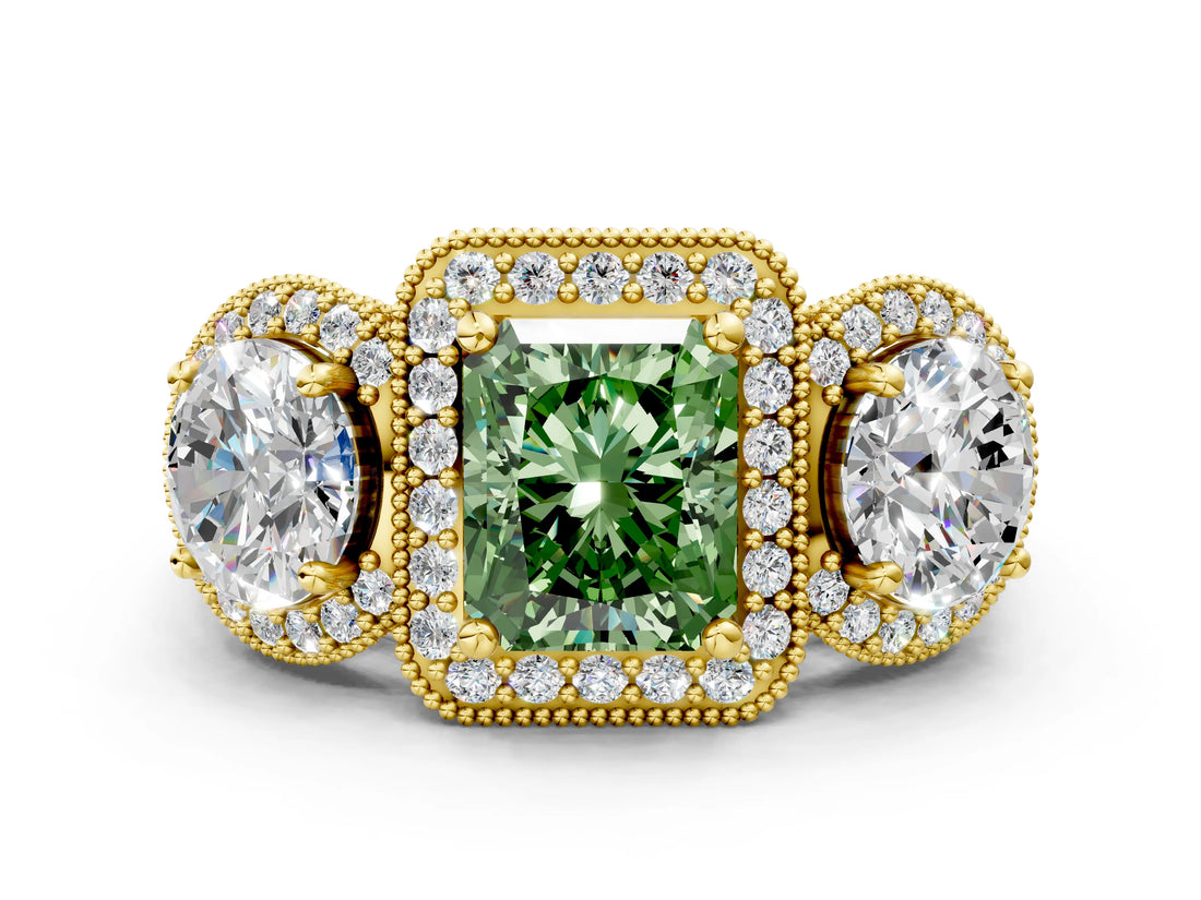 Yellow gold Three-Stone Fancy Green Radiant Cut Halo Diamond Milgrain Band with Four-Prong Setting