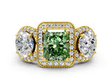 Yellow gold Three-Stone Fancy Green Radiant Cut Halo Diamond Milgrain Band with Four-Prong Setting