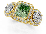 Yellow gold Three-Stone Fancy Green Radiant Cut Halo Diamond Milgrain Band with Four-Prong Setting_1