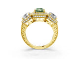 Yellow gold Three-Stone Fancy Green Radiant Cut Halo Diamond Milgrain Band with Four-Prong Setting_3