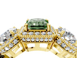 Yellow gold Three-Stone Fancy Green Radiant Cut Halo Diamond Milgrain Band with Four-Prong Setting_4