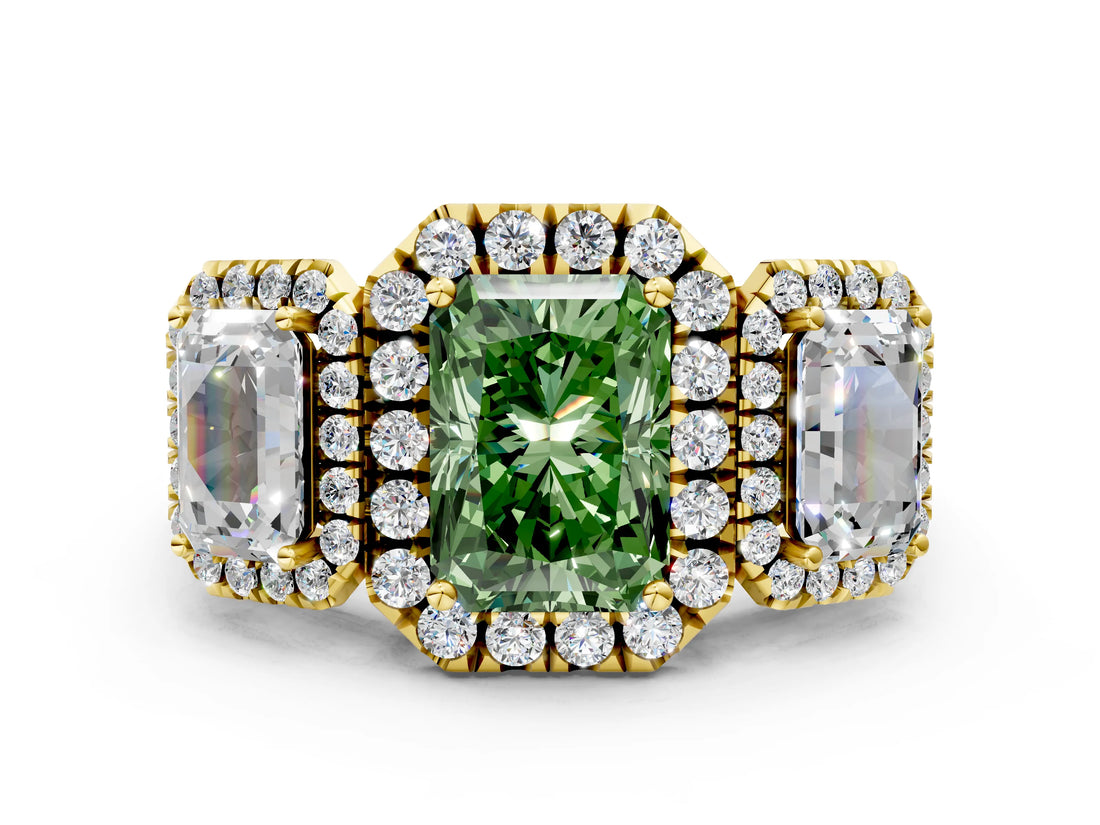Yellow gold Three-Stone Fancy Green Radiant Cut Halo Diamond Ring with Pave Band and Four-Prong Setting