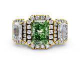 Yellow gold Three-Stone Fancy Green Radiant Cut Halo Diamond Ring with Pave Band and Four-Prong Setting