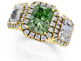 Yellow gold Three-Stone Fancy Green Radiant Cut Halo Diamond Ring with Pave Band and Four-Prong Setting_1