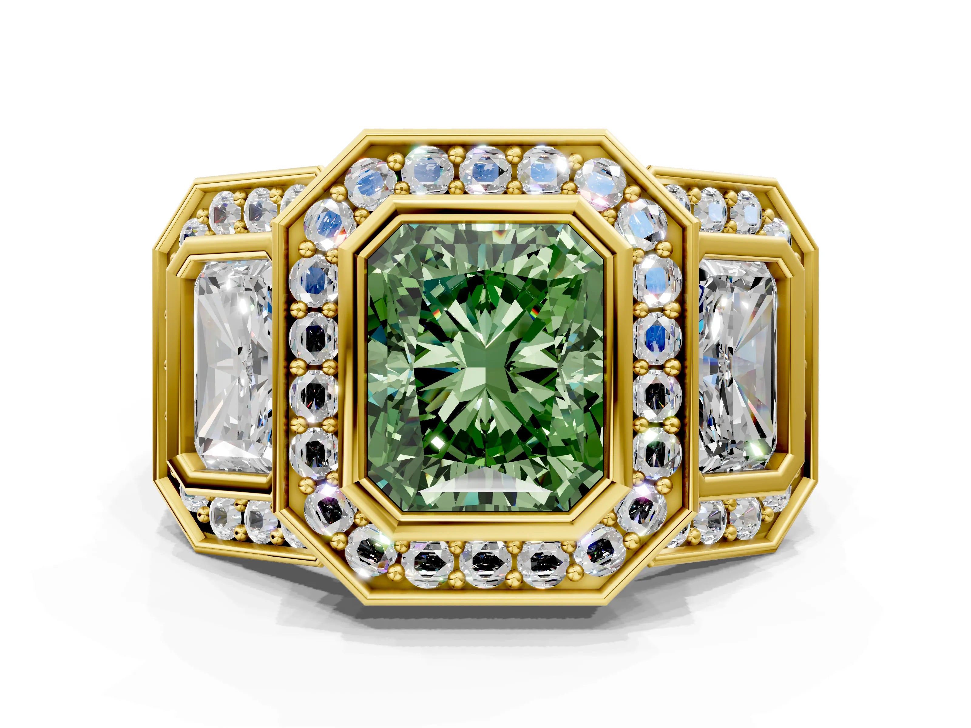 Yellow gold Three-Stone Fancy Green Radiant Cut Halo Pavé Diamond Ring