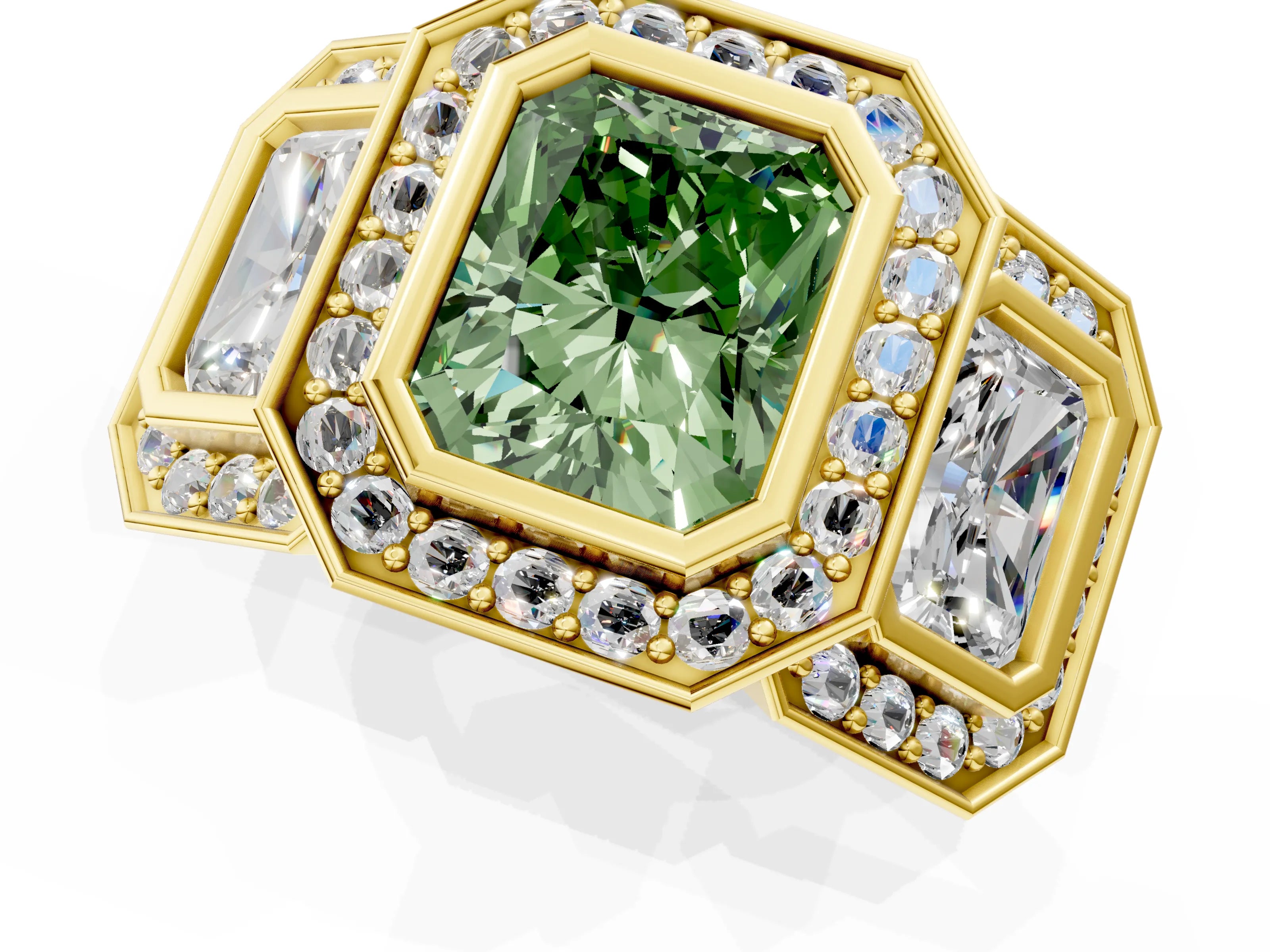 Yellow gold Three-Stone Fancy Green Radiant Cut Halo Pavé Diamond Ring_1