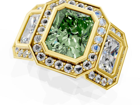 Yellow gold Three-Stone Fancy Green Radiant Cut Halo Pavé Diamond Ring_1