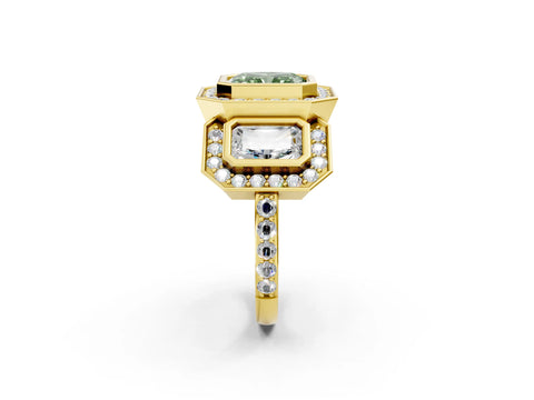 Yellow gold Three-Stone Fancy Green Radiant Cut Halo Pavé Diamond Ring_2
