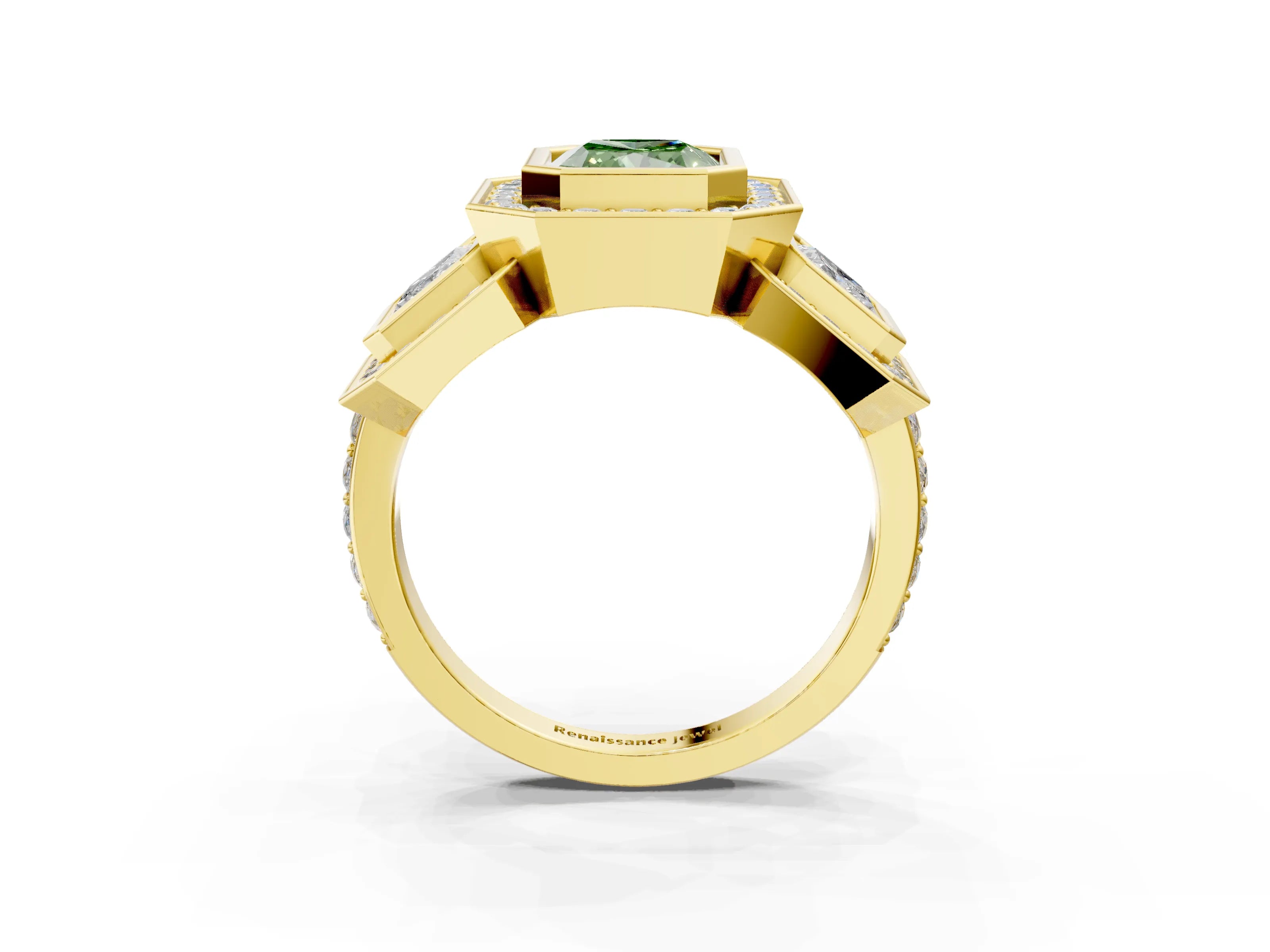 Yellow gold Three-Stone Fancy Green Radiant Cut Halo Pavé Diamond Ring_3