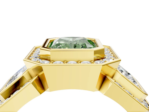 Yellow gold Three-Stone Fancy Green Radiant Cut Halo Pavé Diamond Ring_4