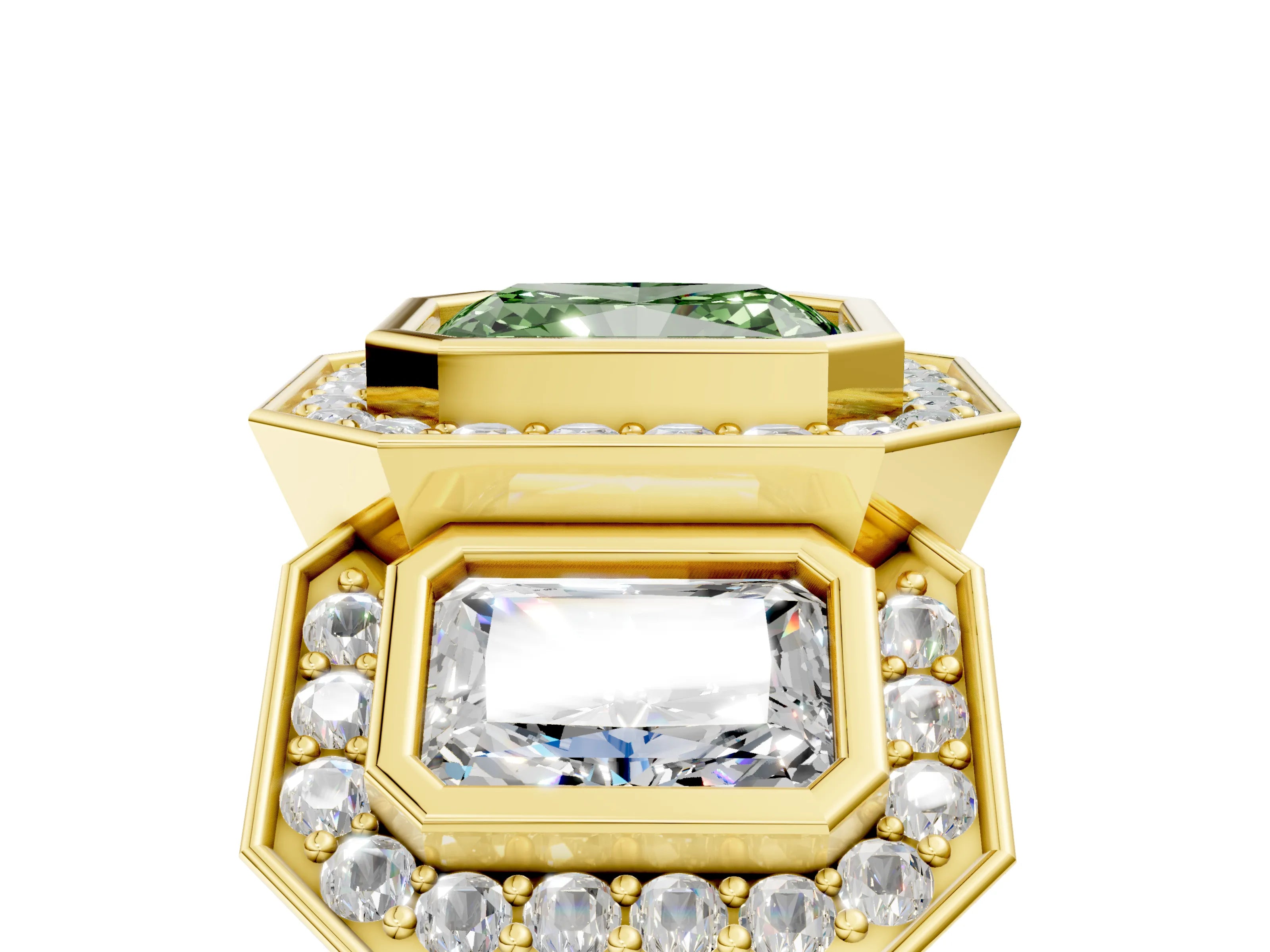 Yellow gold Three-Stone Fancy Green Radiant Cut Halo Pavé Diamond Ring_5