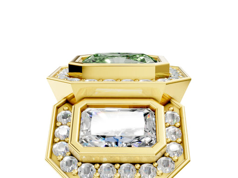 Yellow gold Three-Stone Fancy Green Radiant Cut Halo Pavé Diamond Ring_5