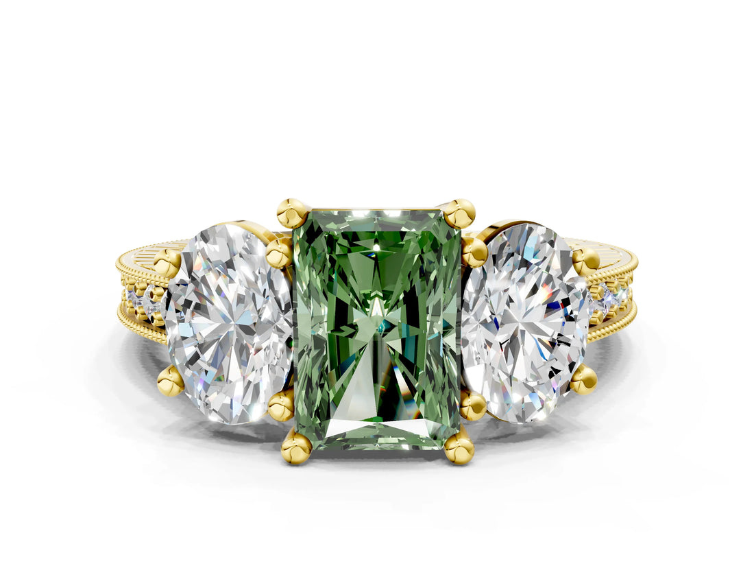Yellow gold Three-Stone Fancy Green Radiant  Diamond Milgrain Pave Band with Prong Setting