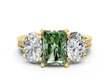 Yellow gold Three-Stone Fancy Green Radiant  Diamond Milgrain Pave Band with Prong Setting