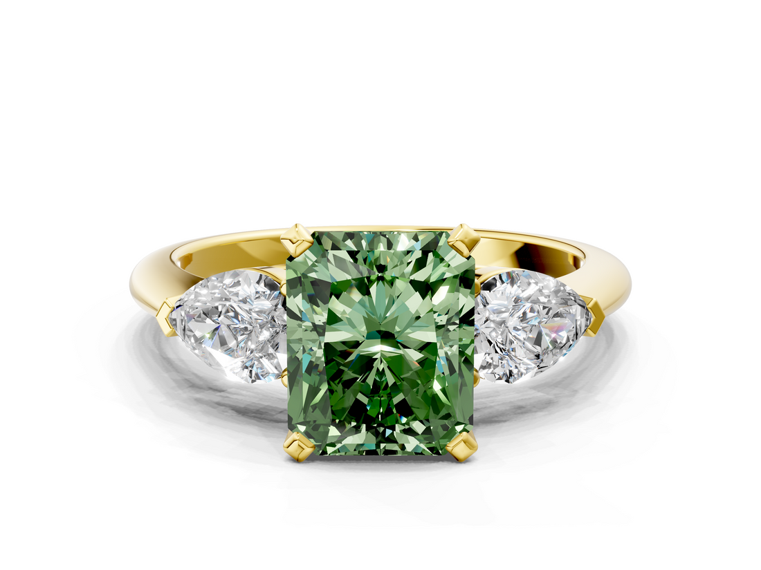 Yellow gold Three-Stone Fancy Green Radiant  Diamond Ring with Pear Side Stones in Four-Prong Setting_75